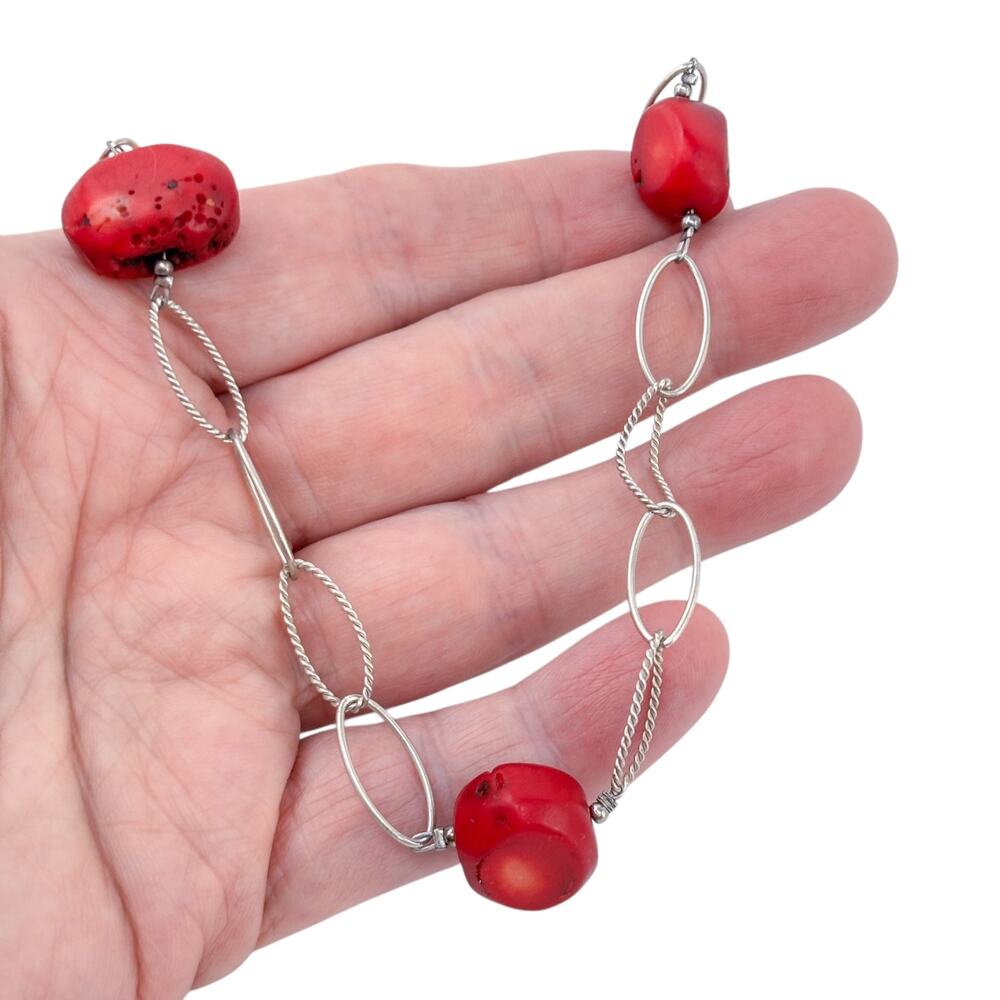 Vintage Sterling Silver 925 Chunky Red Coral Chain Necklace 24.5"